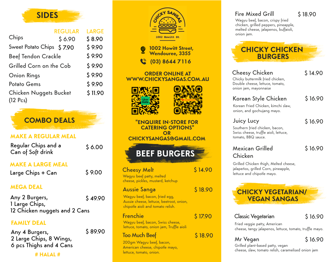 Menu, Chicky Sangas Wendouree