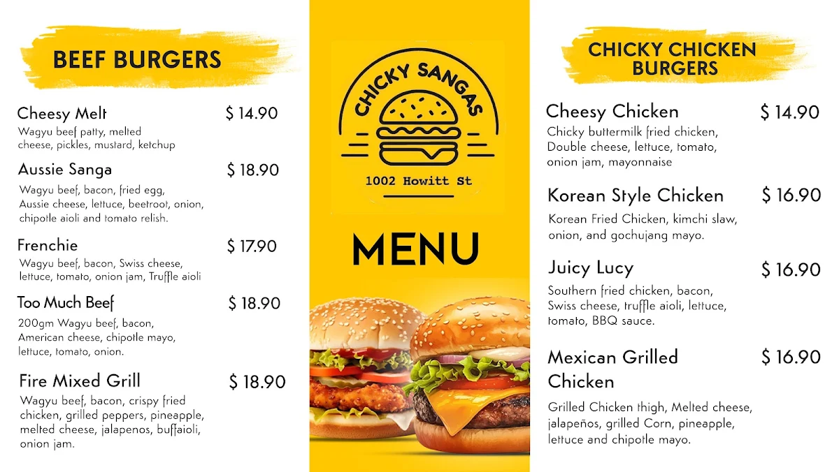 Menu, Chicky Sangas Wendouree