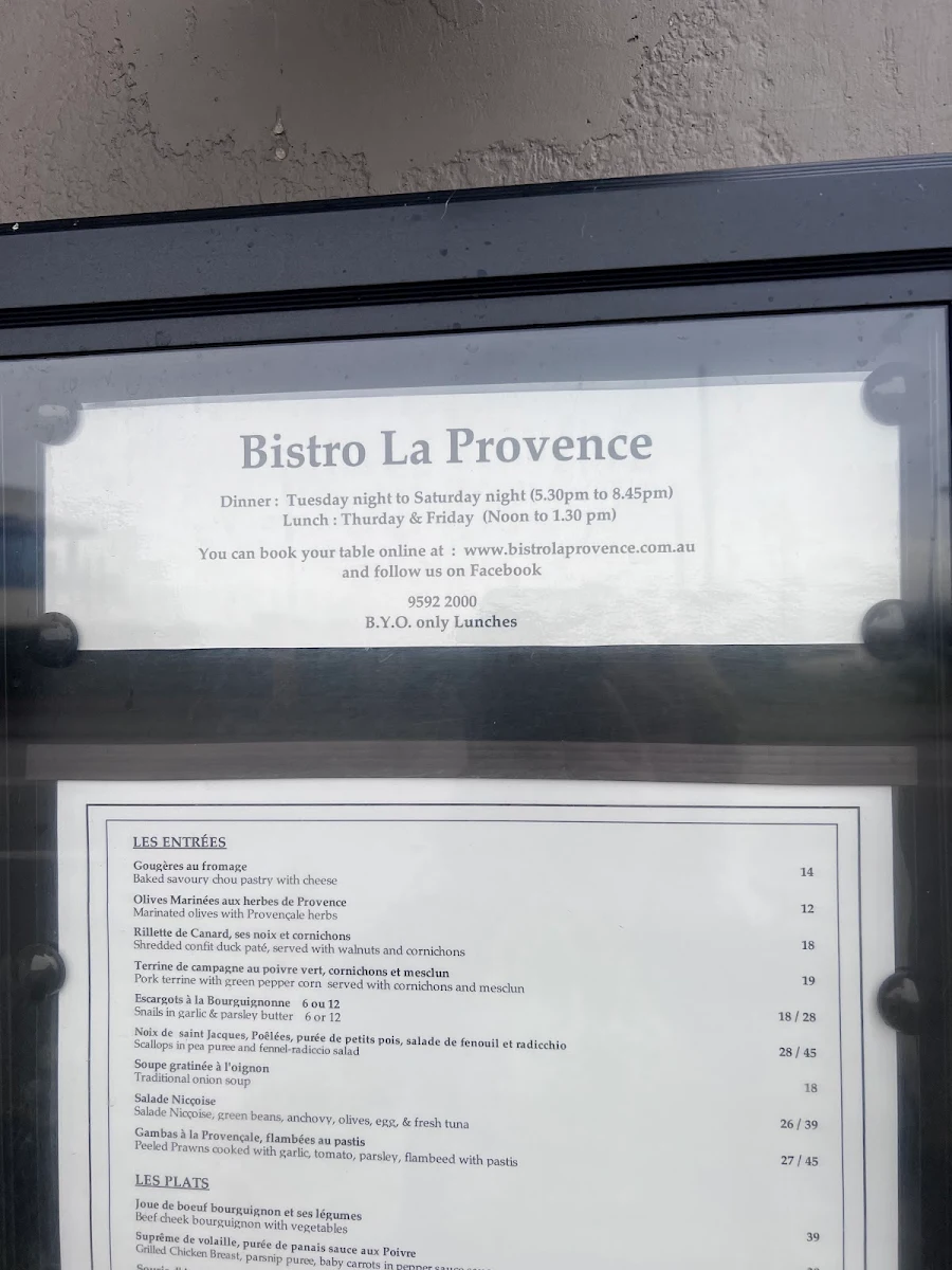 Menu, Bistro La Provence