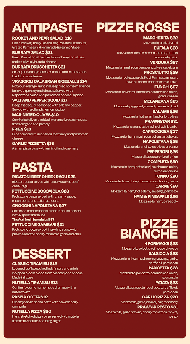 Menu, Whistler Pizza Manly