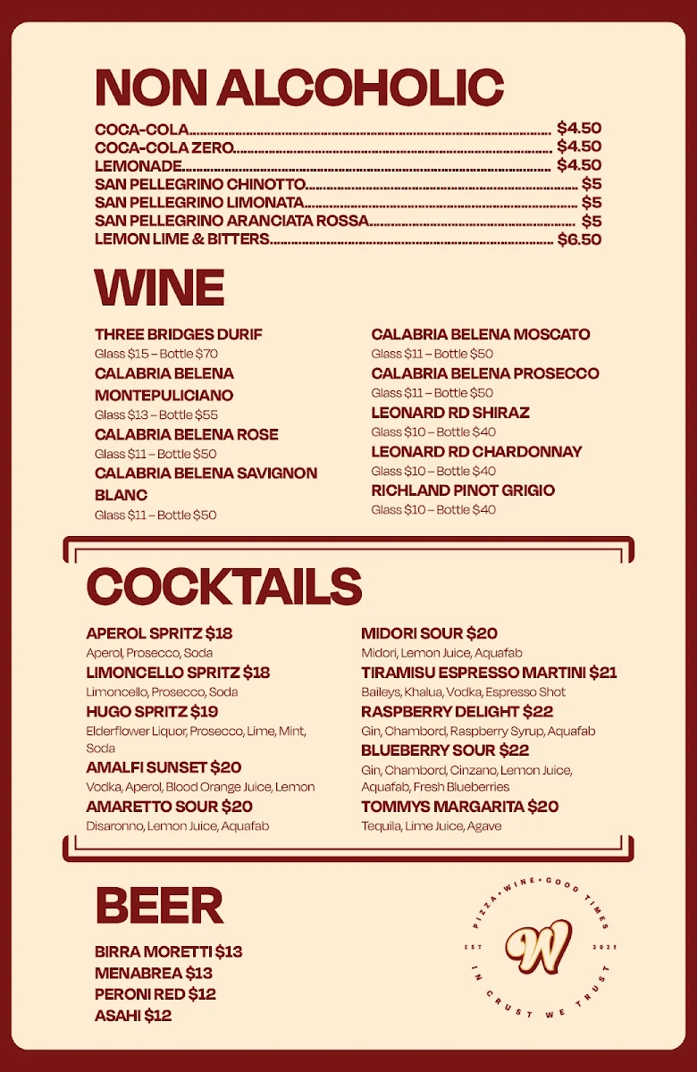 Menu, Whistler Pizza Manly