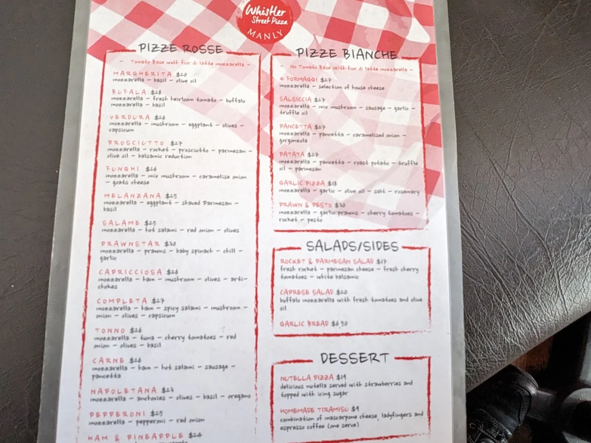 Menu, Whistler Pizza Manly