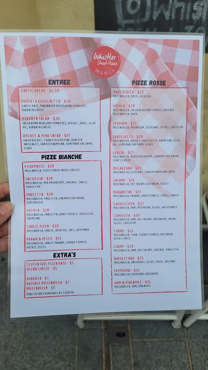 Menu, Whistler Pizza Manly