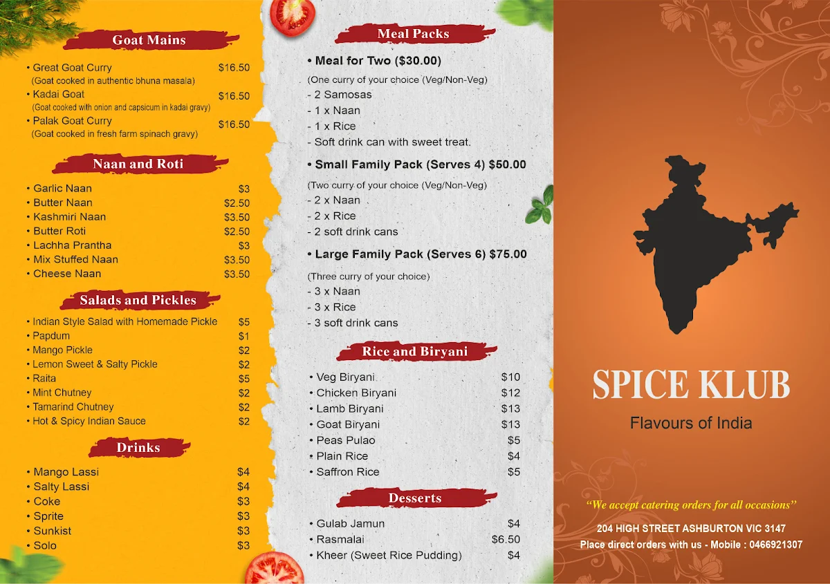 Menu, SPICE KLUB