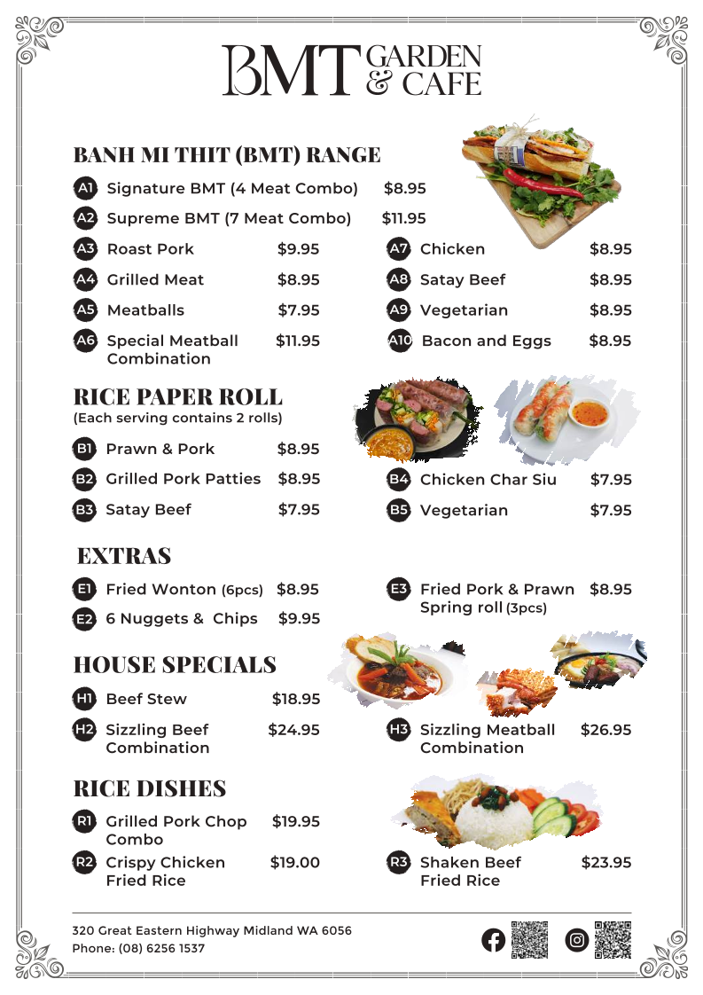 Menu, BMT Garden & Cafe