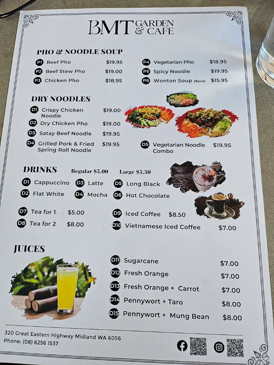 Menu, BMT Garden & Cafe