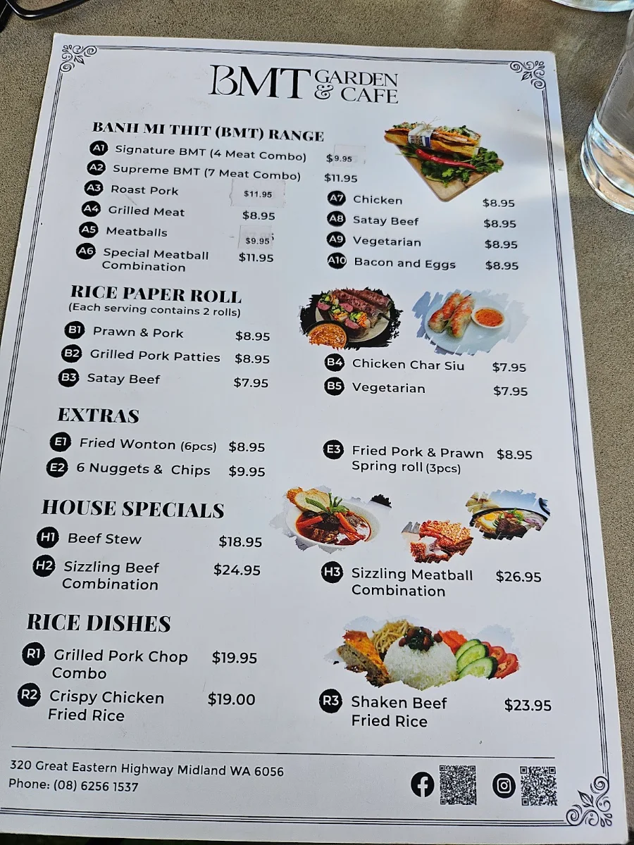 Menu, BMT Garden & Cafe