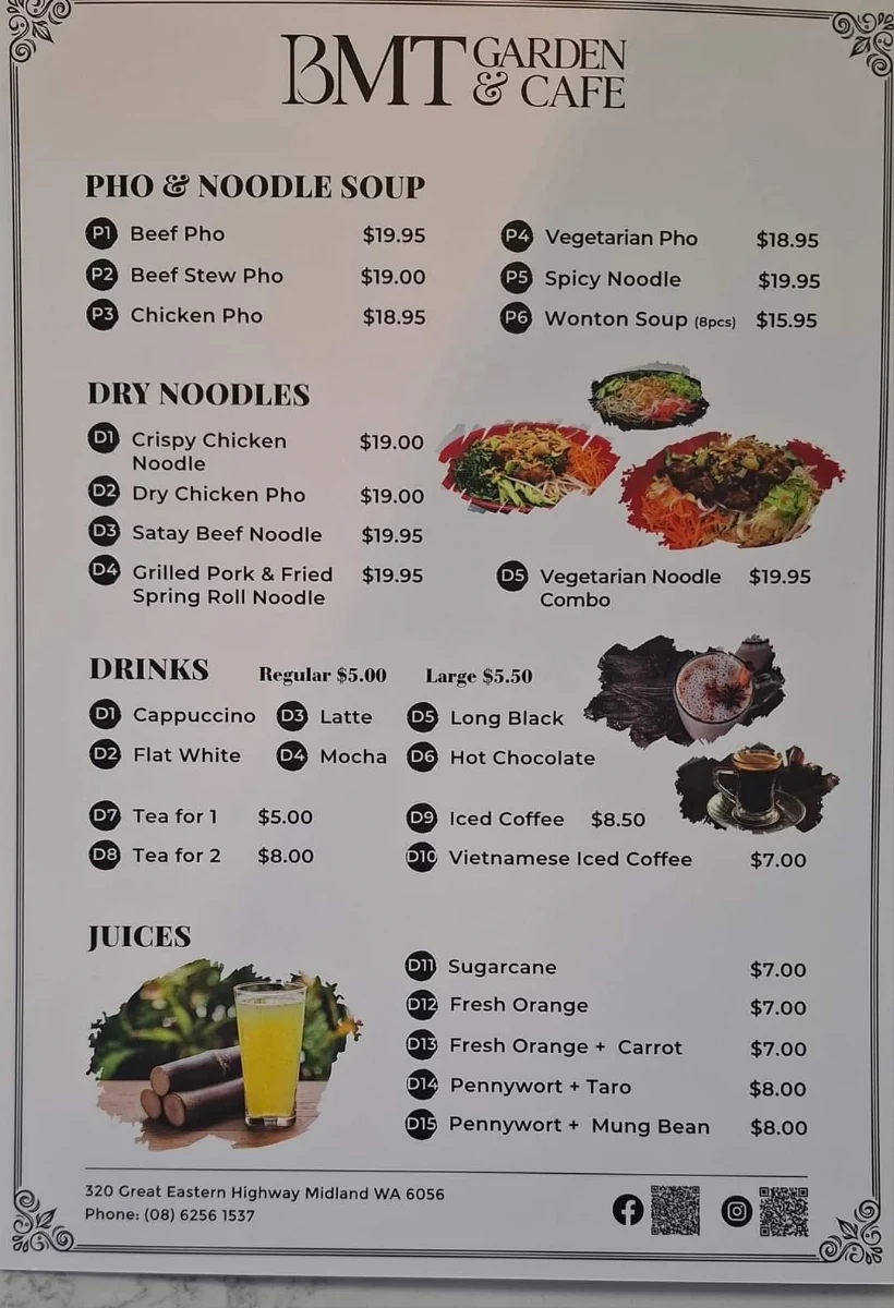 Menu, BMT Garden & Cafe