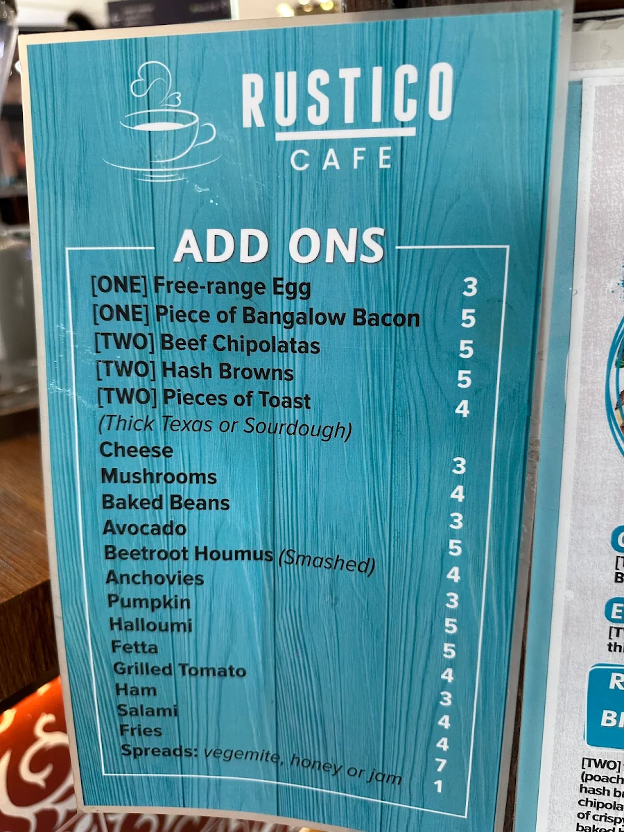 Menu, Rustico Cafe Pacific Fair