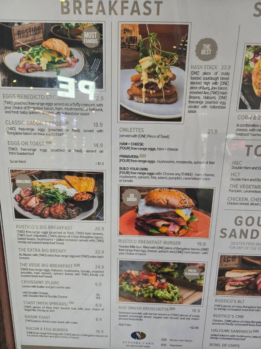 Menu, Rustico Cafe Pacific Fair