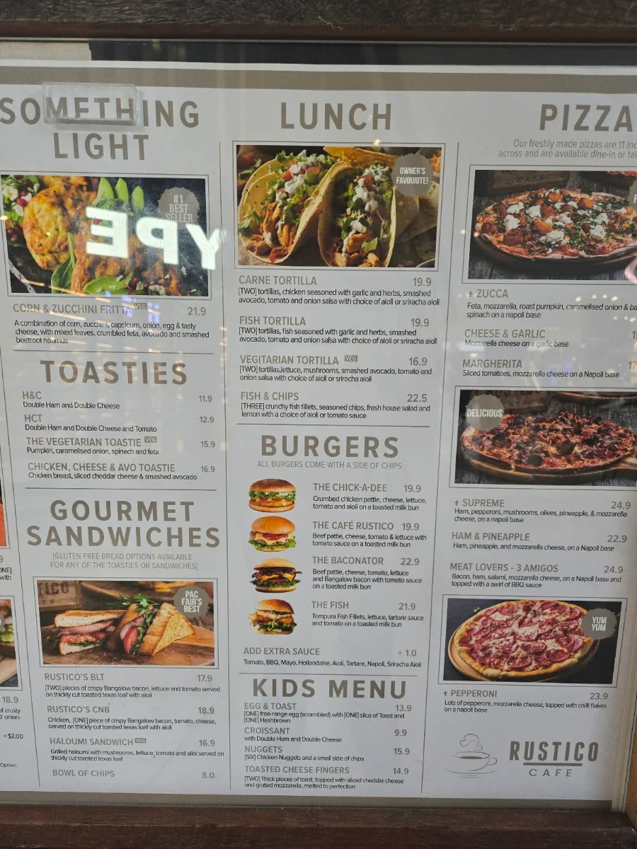 Menu, Rustico Cafe Pacific Fair