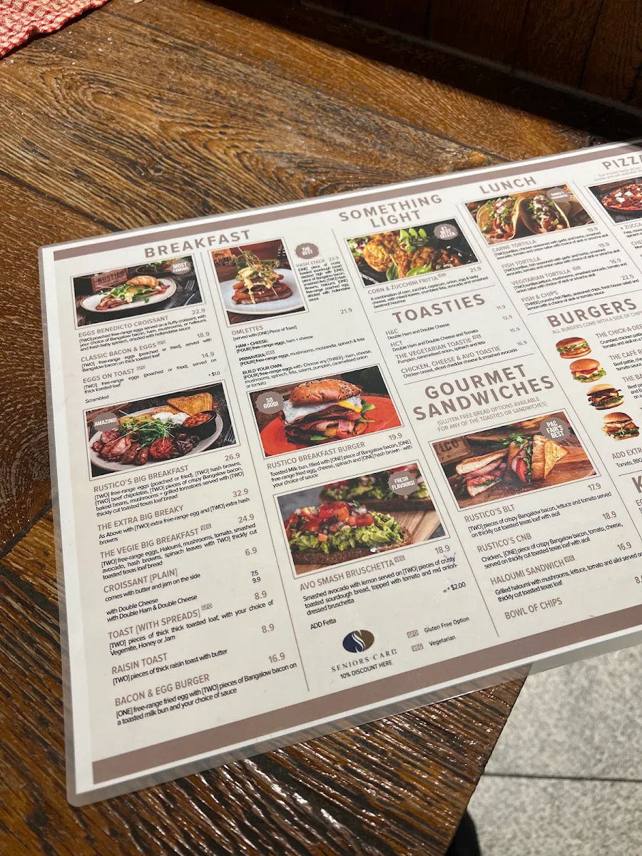 Menu, Rustico Cafe Pacific Fair