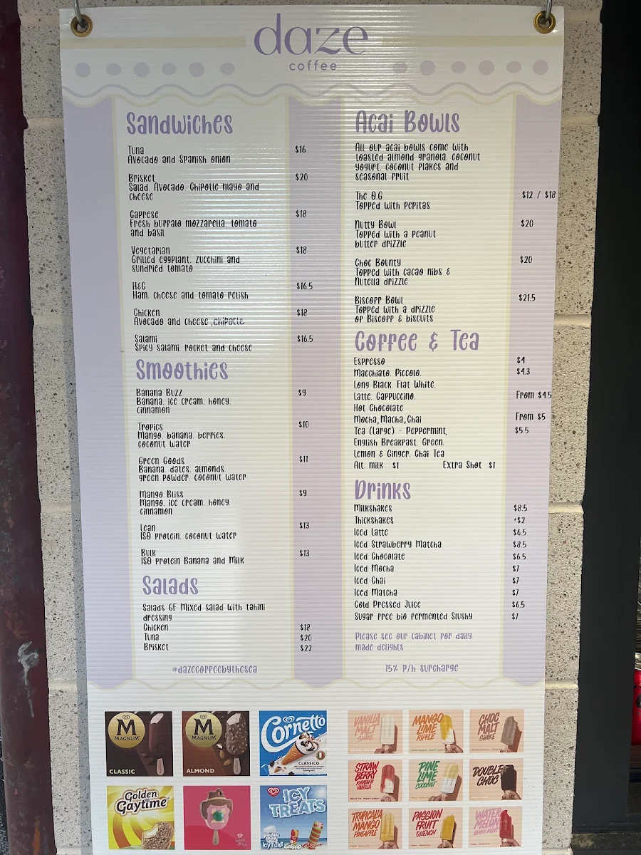 Menu, Daze Coffee