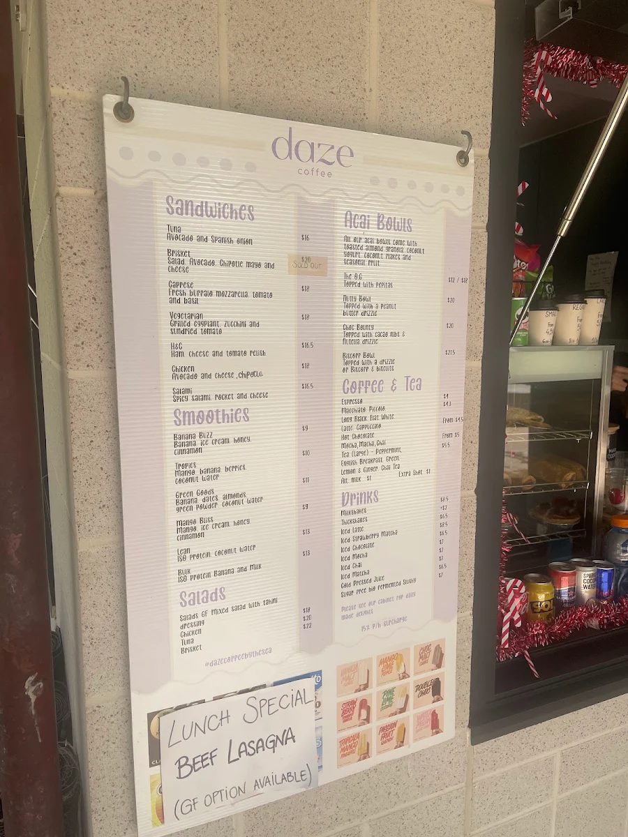 Menu, Daze Coffee