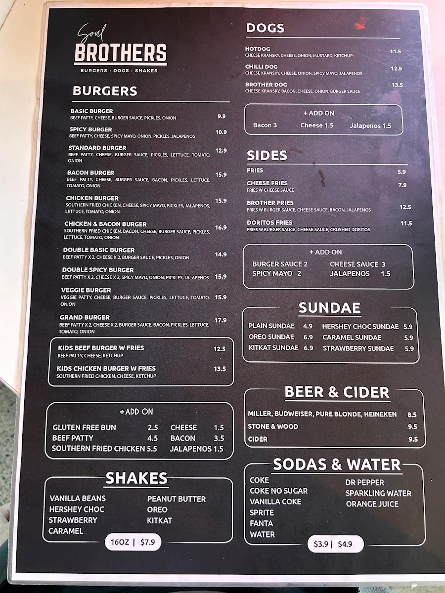 Menu, Soul Brothers Burger Bar