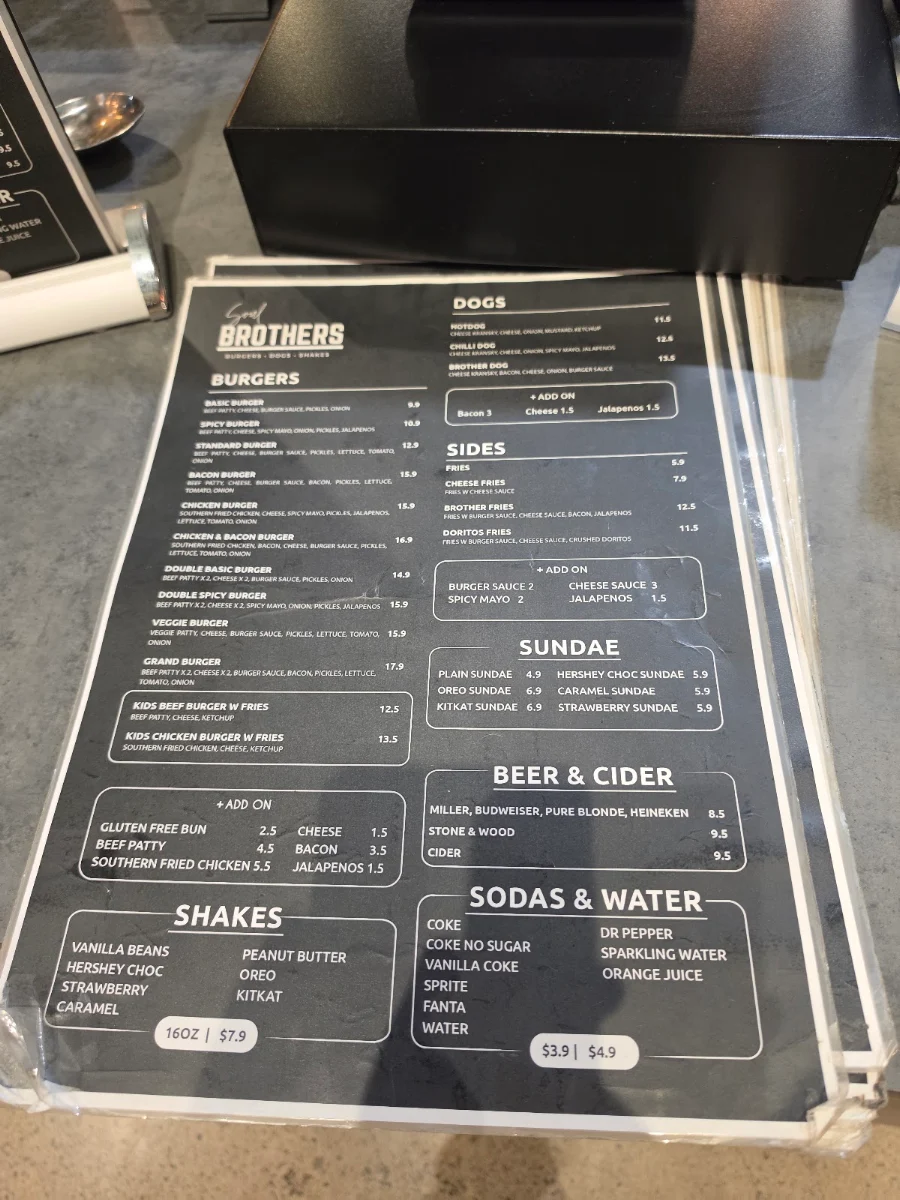 Menu, Soul Brothers Burger Bar