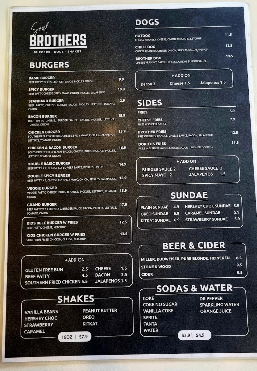 Menu, Soul Brothers Burger Bar