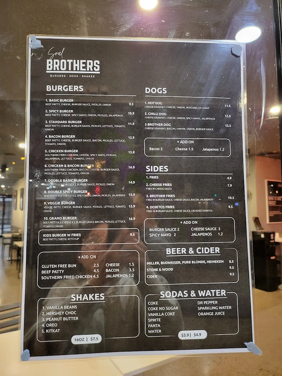 Menu, Soul Brothers Burger Bar