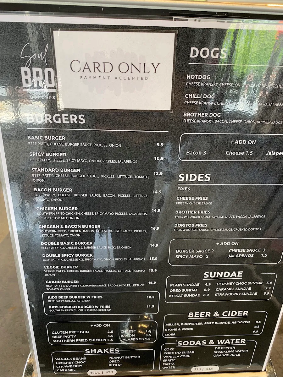 Menu, Soul Brothers Burger Bar