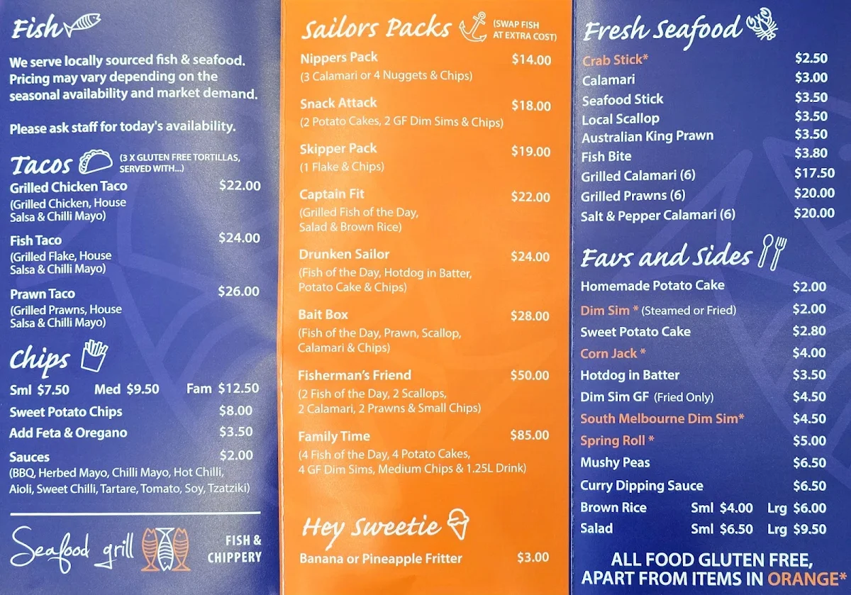 Menu, Seafood Grill Fish & Chippery