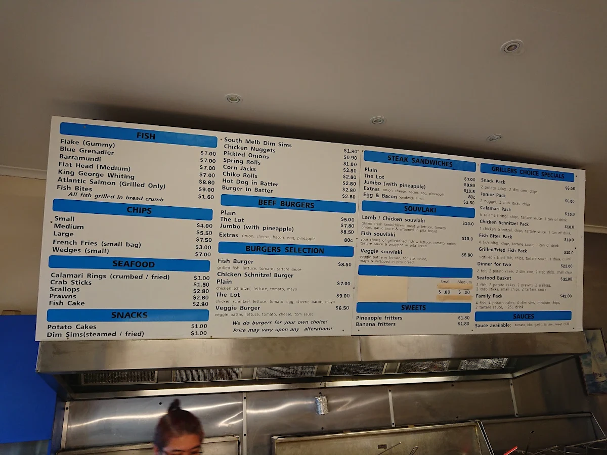 Menu, Seafood Grill Fish & Chippery
