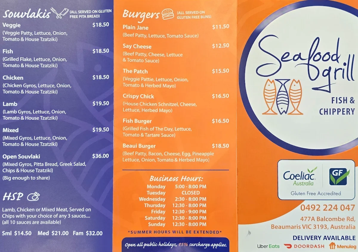 Menu, Seafood Grill Fish & Chippery