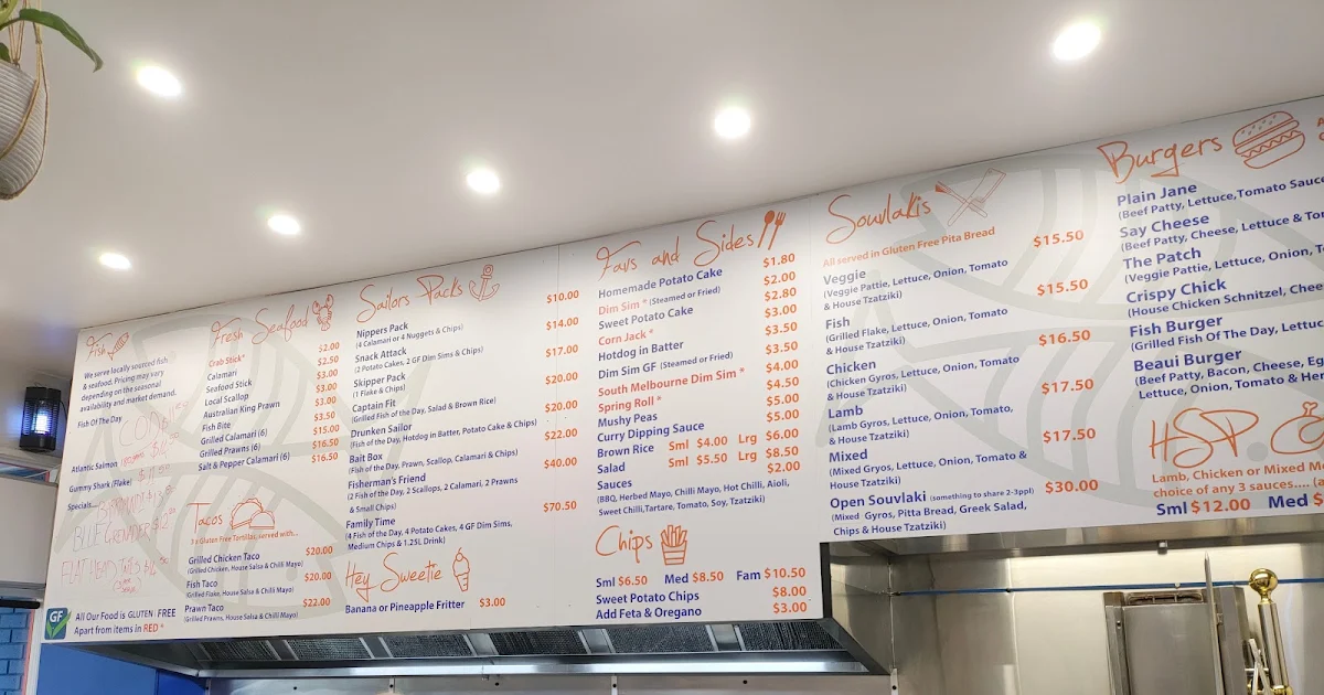Menu, Seafood Grill Fish & Chippery