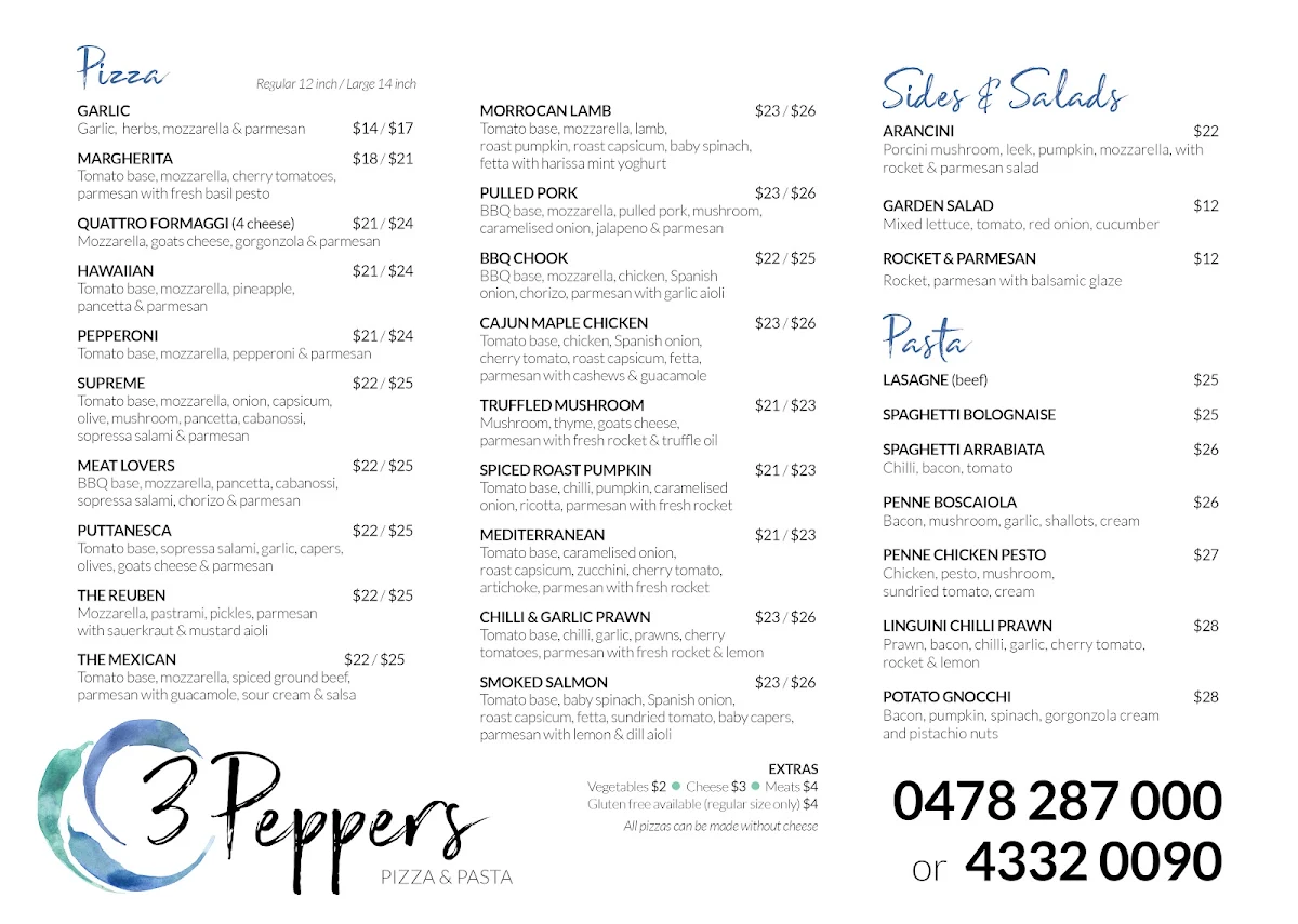 Menu, 3 Peppers Pizza & Pasta