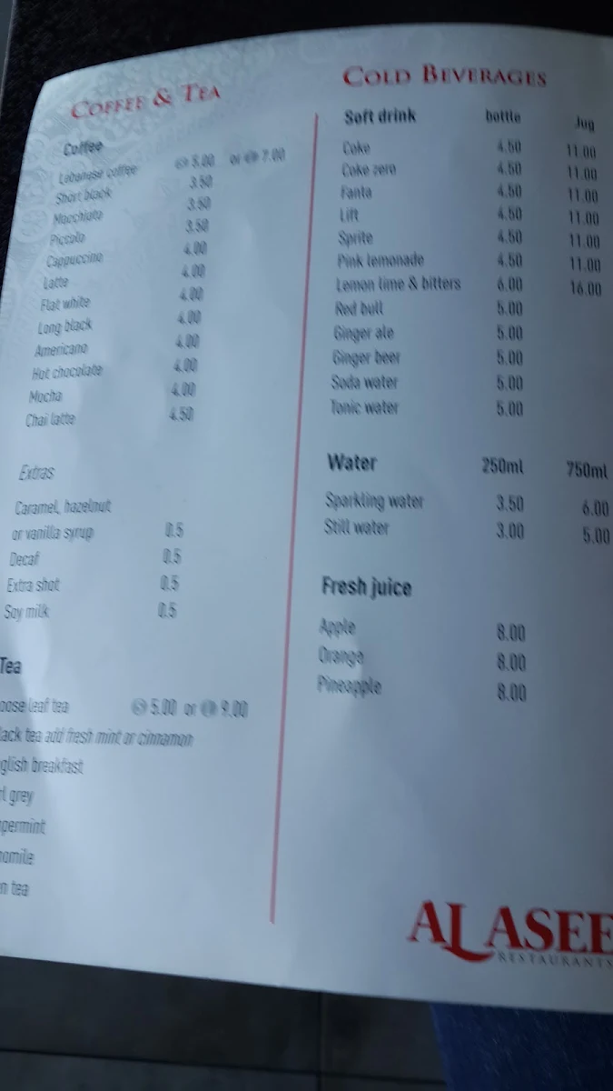 Menu, Al Aseel Restaurant Penrith