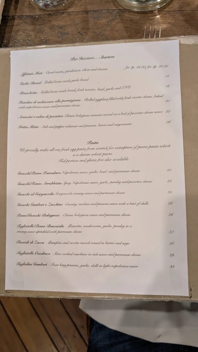 Menu, Osteria a' Mano