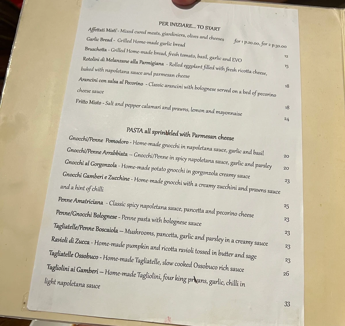 Menu, Osteria a' Mano