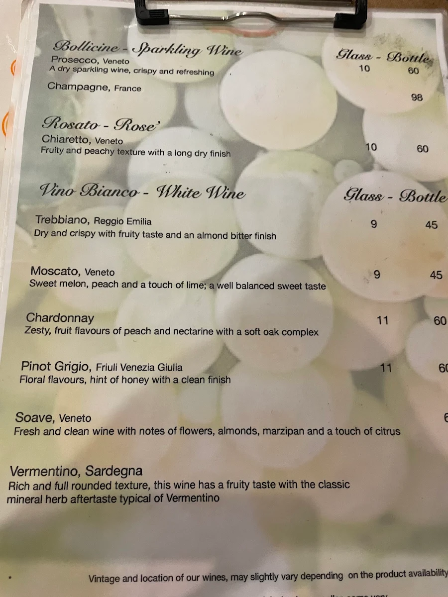 Menu, Osteria a' Mano