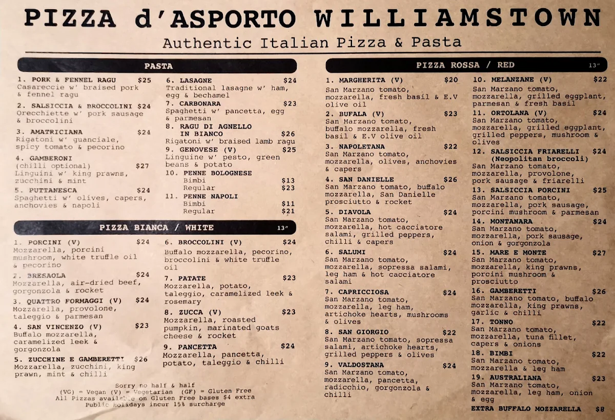 Menu, Pizza d'Asporto