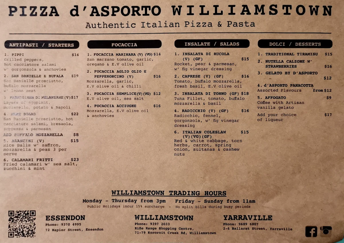 Menu, Pizza d'Asporto