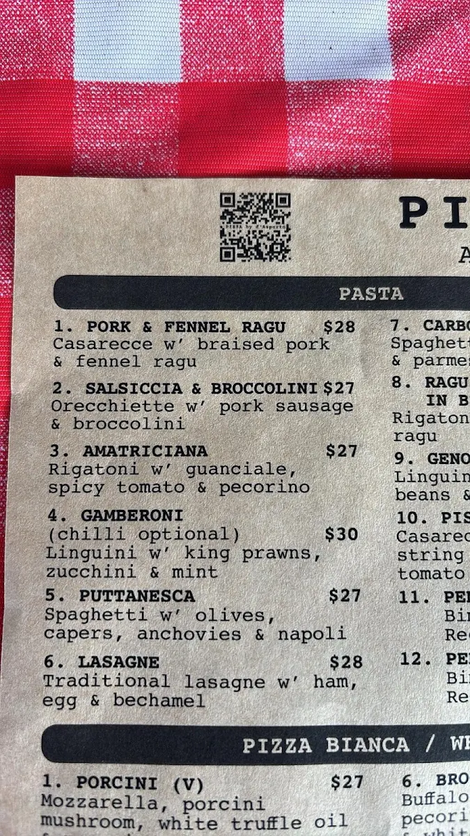 Menu, Pizza d'Asporto