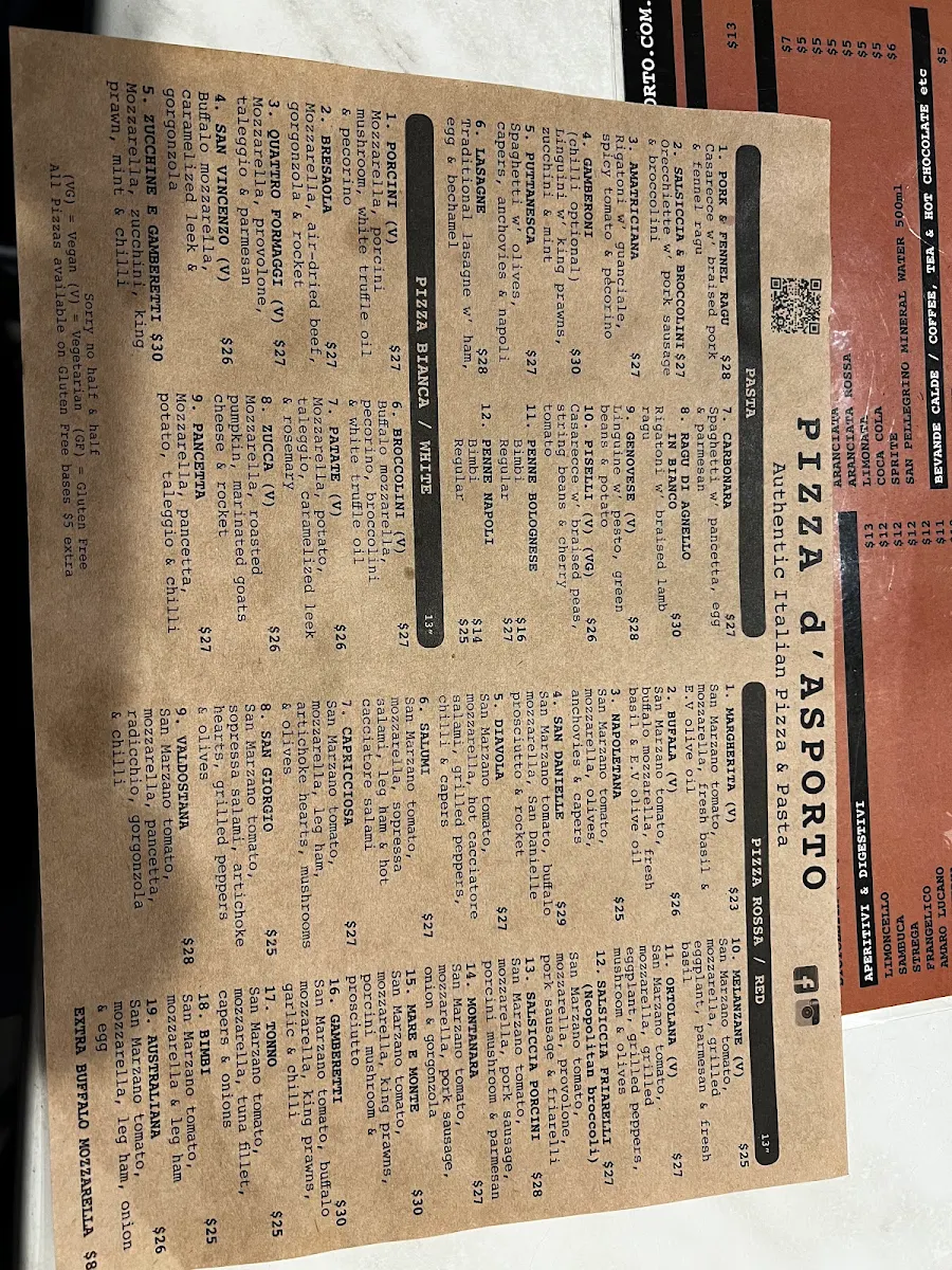 Menu, Pizza d'Asporto