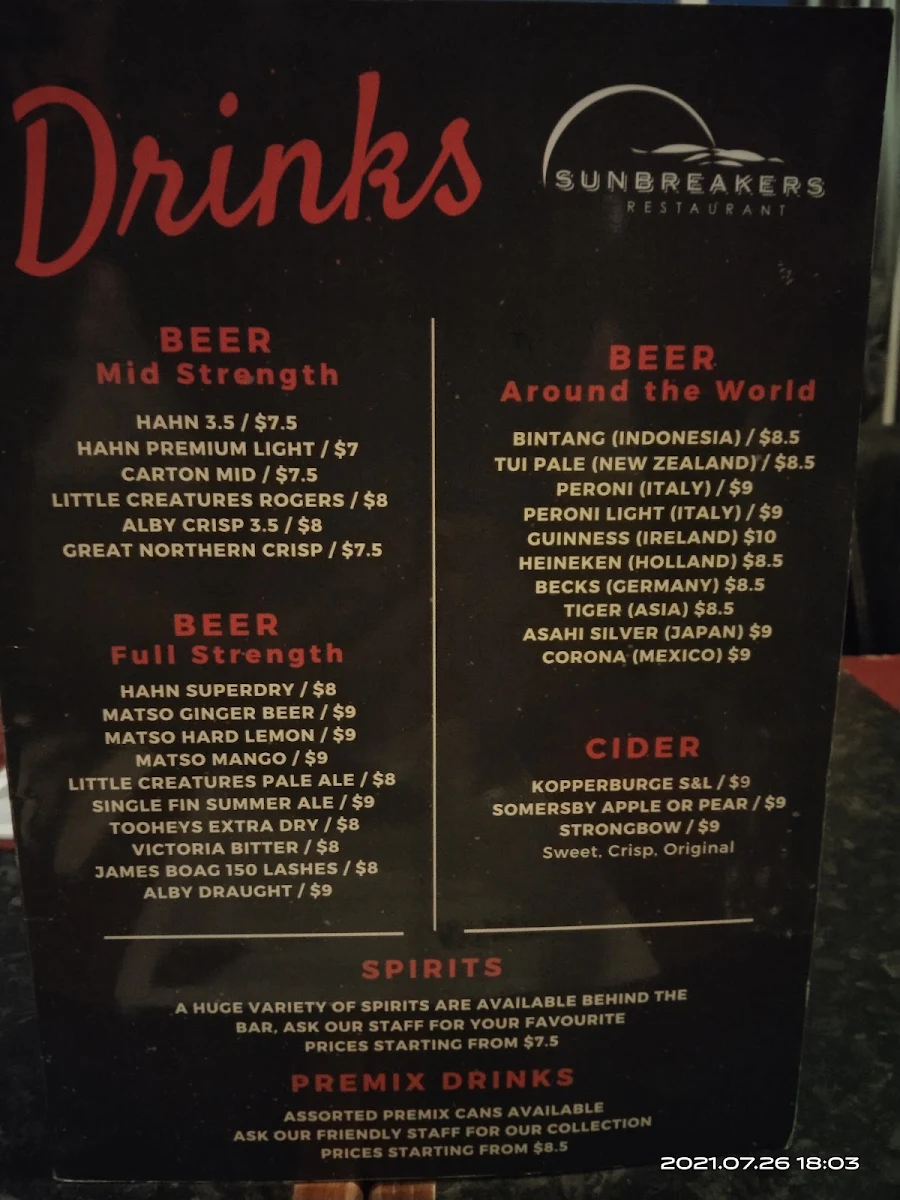 Menu, Sunbreakers Restaurant