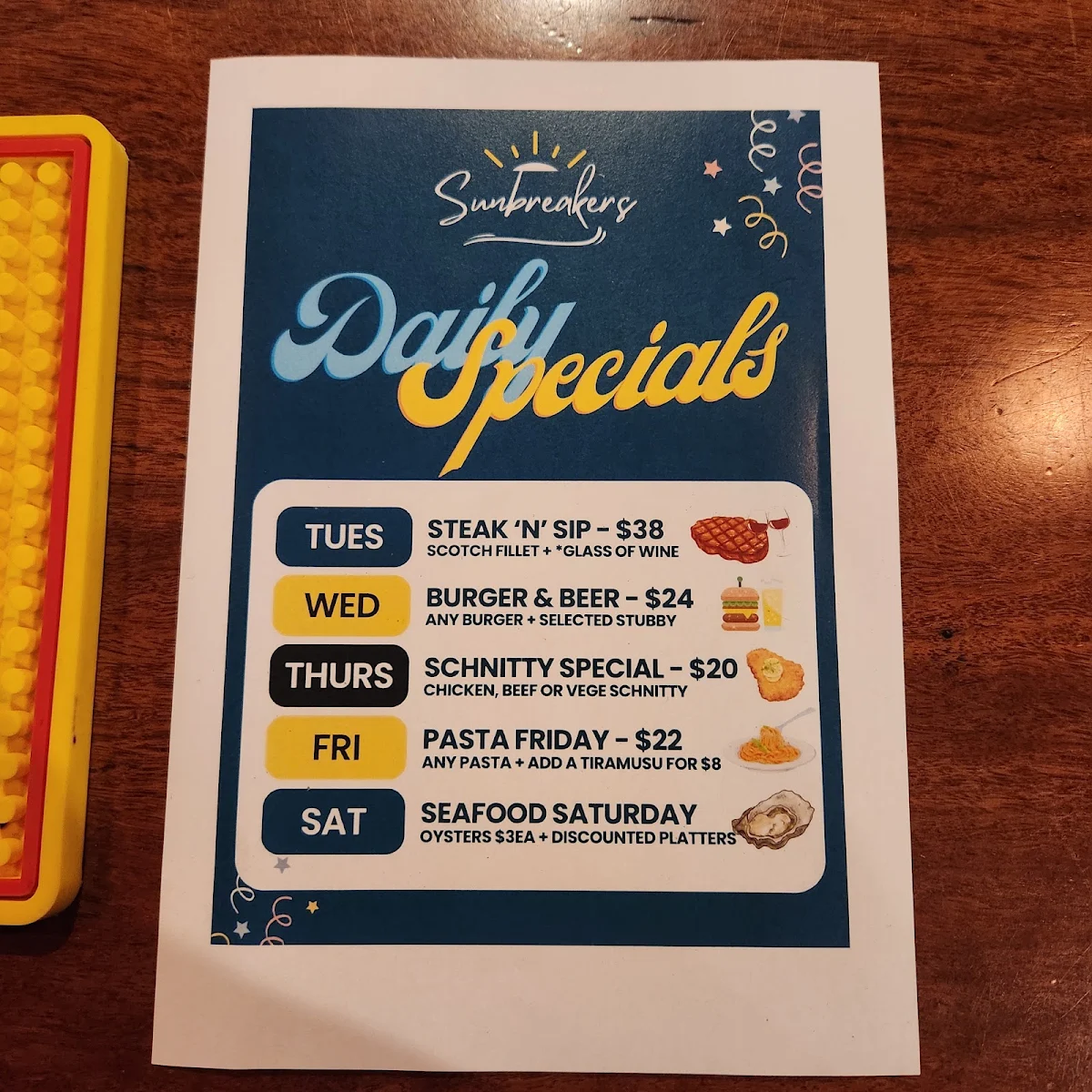 Menu, Sunbreakers Restaurant