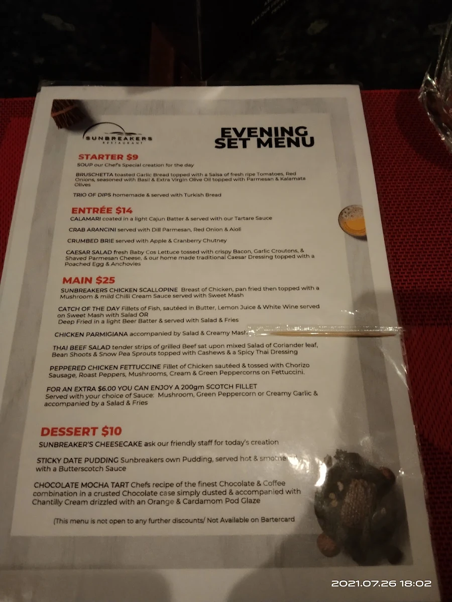 Menu, Sunbreakers Restaurant