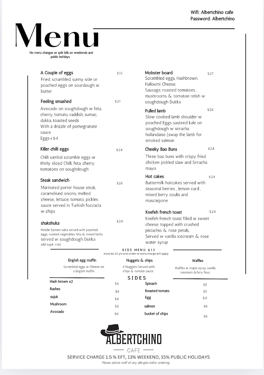 Menu, Albertchino Cafe