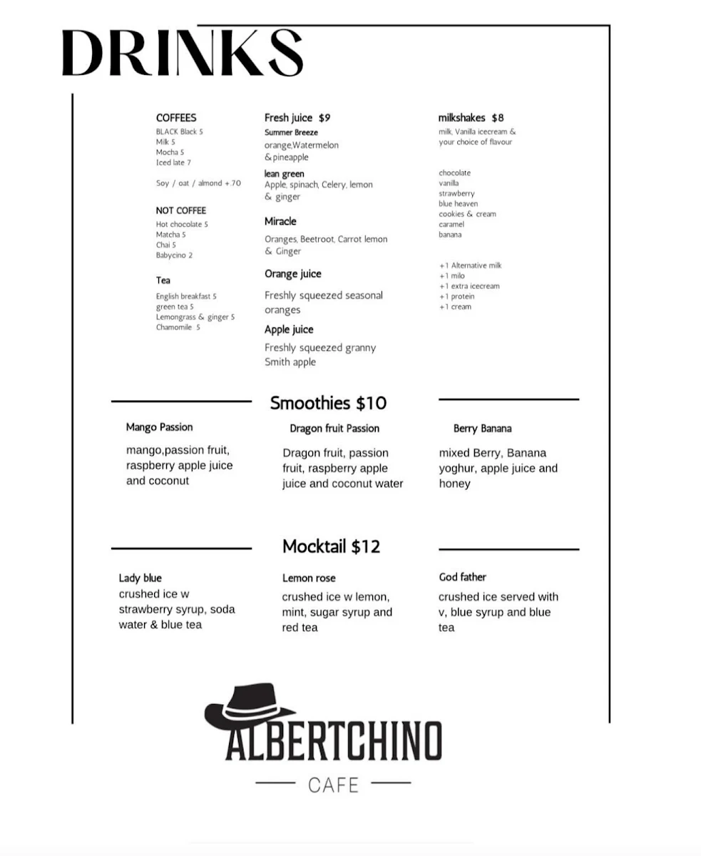 Menu, Albertchino Cafe