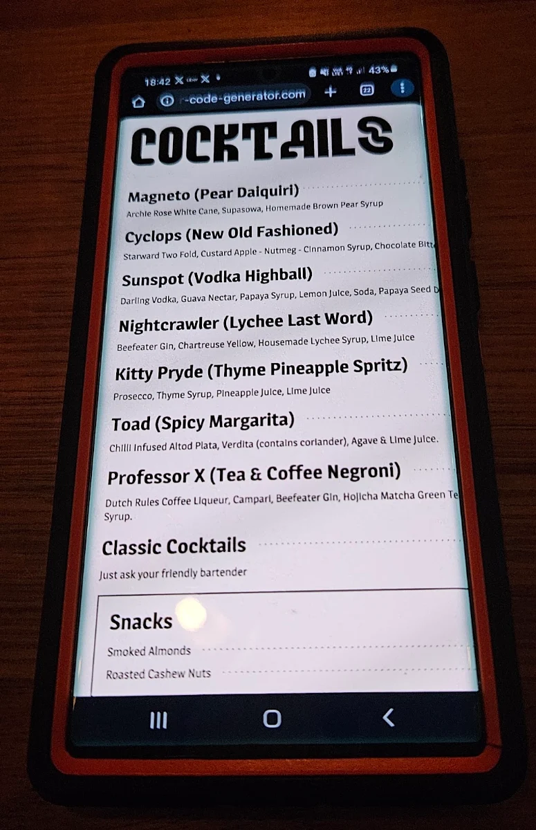 Menu, Misfits Bar