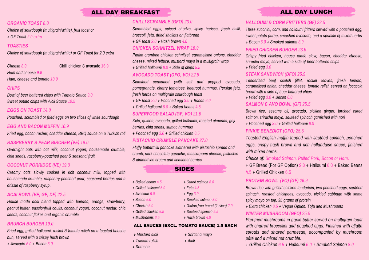 Menu, Pinkie Cafe