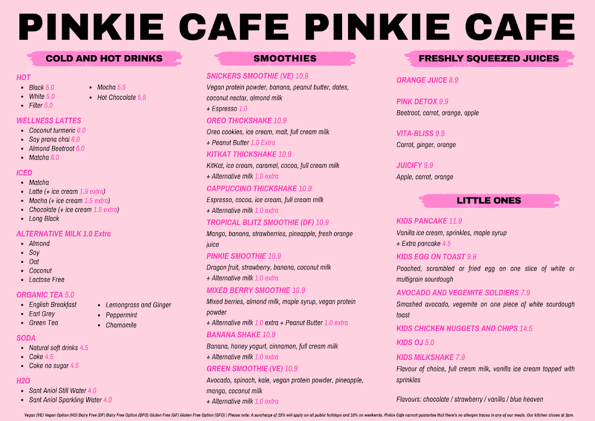Menu, Pinkie Cafe