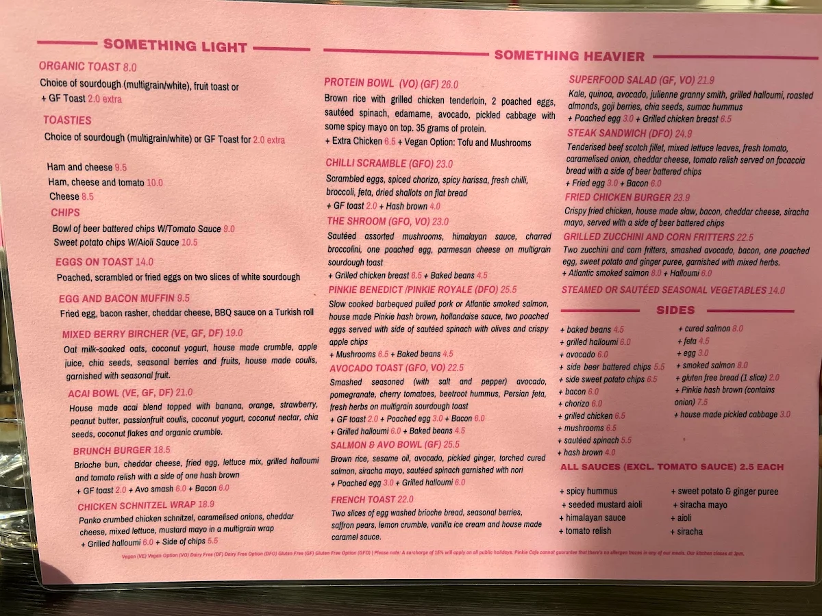 Menu, Pinkie Cafe