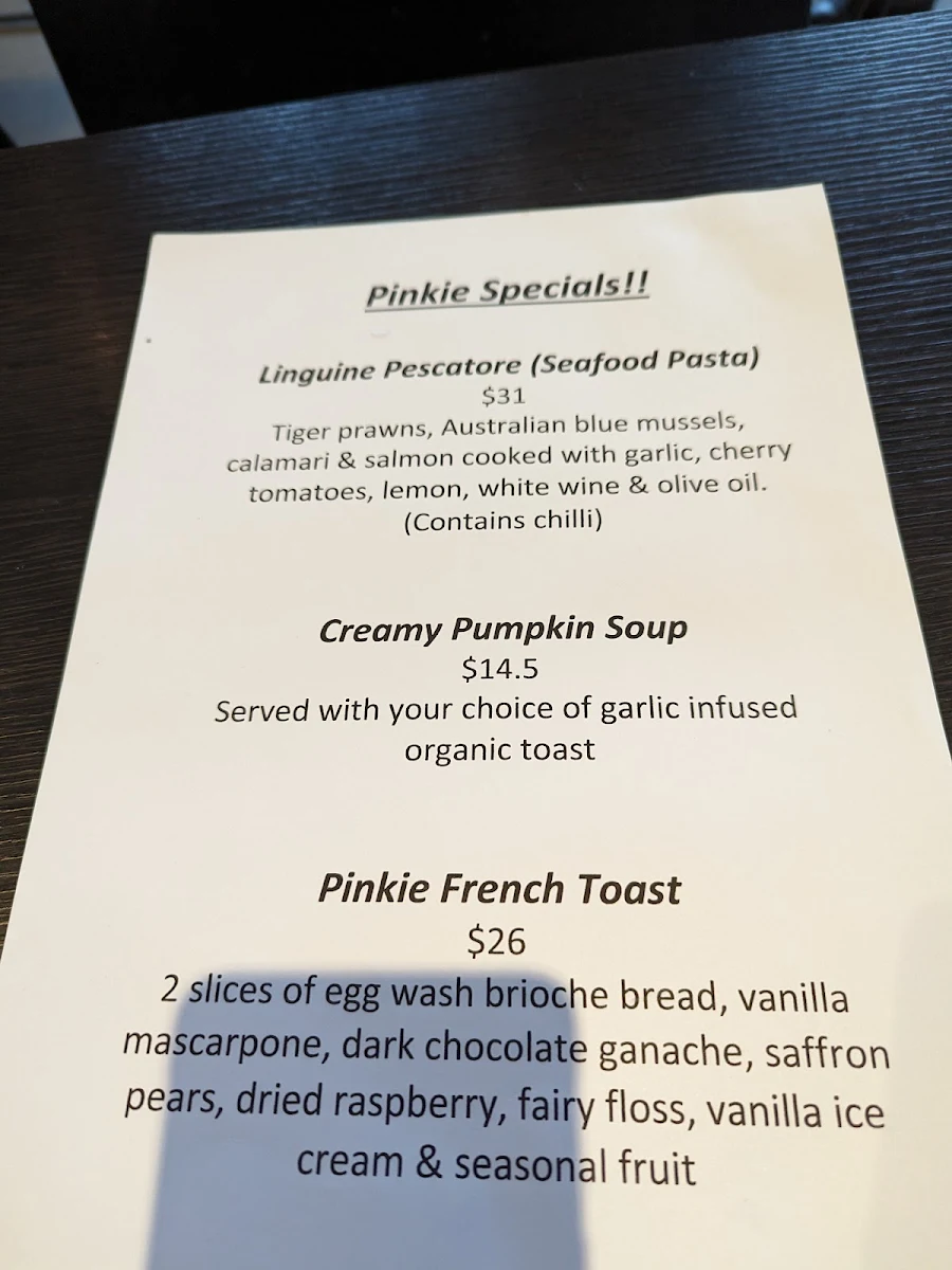 Menu, Pinkie Cafe