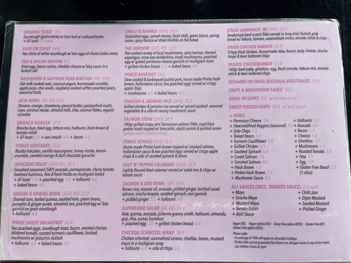 Menu, Pinkie Cafe
