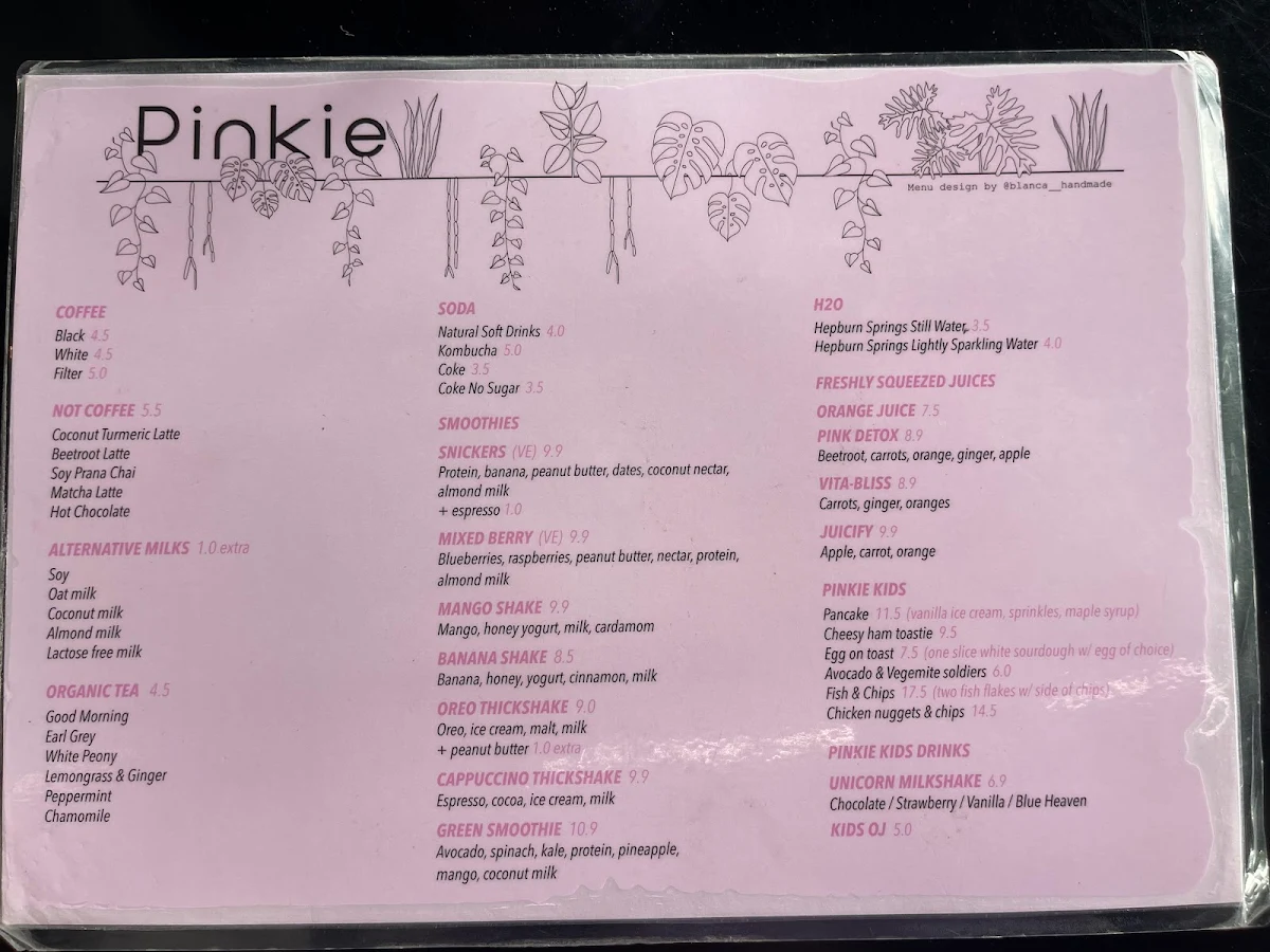 Menu, Pinkie Cafe
