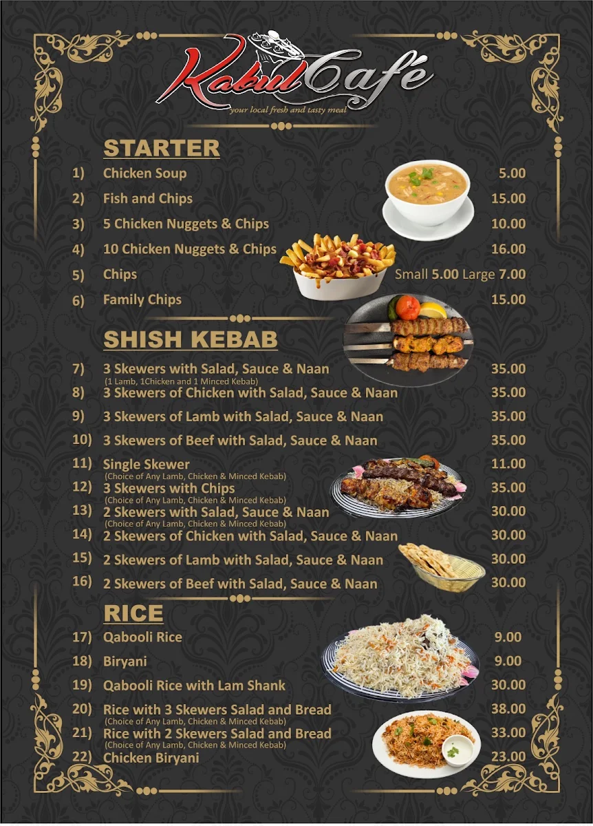 Menu, Kabul Cafe