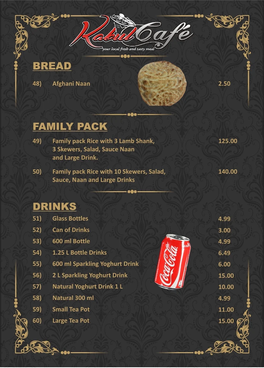 Menu, Kabul Cafe